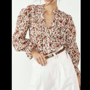 Free People Meant To Be Floral Roses Cotton Poet Blouse Statement Sleeves